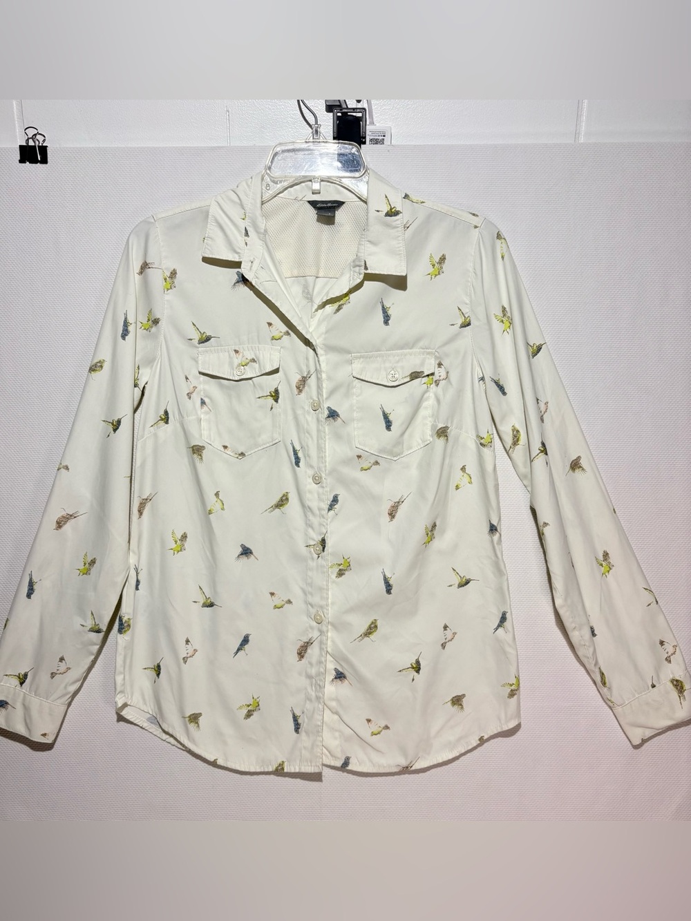 Eddie Bauer Cream Button-Down Shirt with Multicolor Bird Print